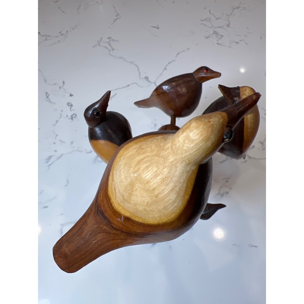 Vintage Hand Carved Wood Bird Tree Sculpture 5 Birds on Branch Folk Art MCM - Picture 3 of 12